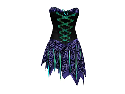 Black And Purple Corset Dress With Green Laces And Decorative Fringe Skirt 3d model