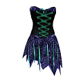Black And Purple Corset Dress With Green Laces And Decorative Fringe Skirt