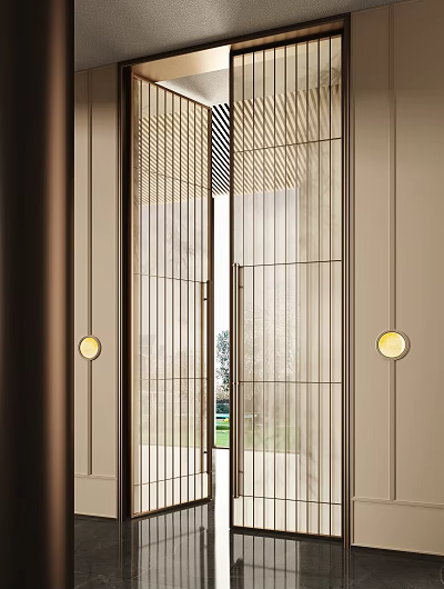 Modern Double Door Design With Vertical Lines Glass Panels And Wall Lights 3d model