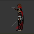 Game And Movie Character Red Haired Black Skull Top Red Cape Holding Sword And Gun