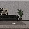 Dark Tufted Velvet Two Seater Sofa With Floor Lamp Green Plant And Abstract Painting