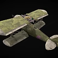 Vintage Military Green Biplane With Camouflage Pattern Double Wings And Propeller