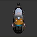 Person In Black Suit With Cat Ear Helmet Riding Colorful Orange Blue Motorcycle