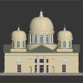 Light Colored Multiple Dome Building Exterior With Green Roof And Windows