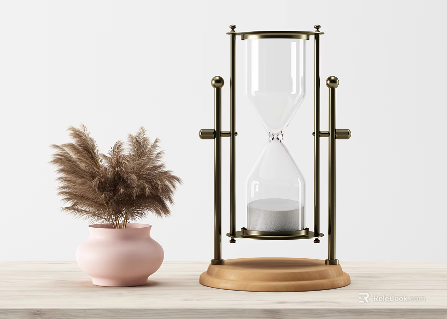 Decorative Ornament Combination With Hourglass Metal Frame Wooden Base And Pink Vase Pampas Grass 3d model 