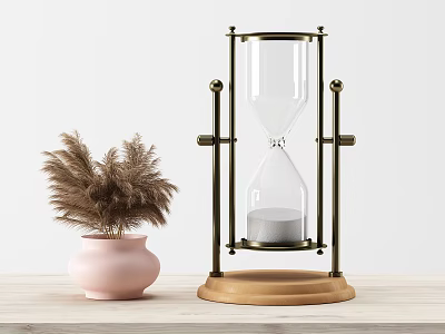 Decorative Ornament Combination With Hourglass Metal Frame Wooden Base And Pink Vase Pampas Grass 3d model
