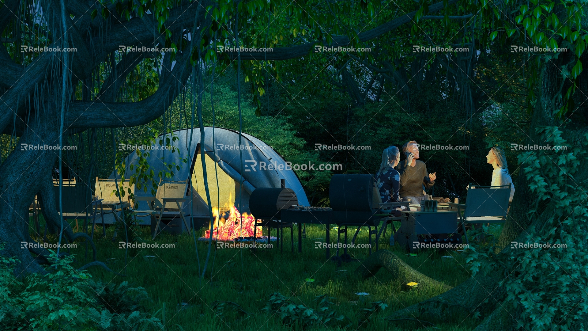 Deep Forest Night View Bonfire Outdoor Camping Outdoor Barbecue 3d model