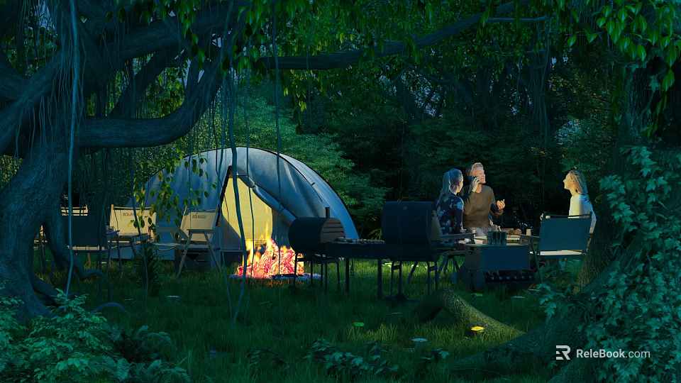 Cozy Forest Tent With Bonfire And People Gathering In Natural Outdoor Setting 3d model 