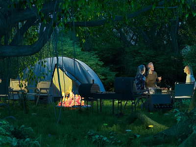 Cozy Forest Tent With Bonfire And People Gathering In Natural Outdoor Setting 3d model
