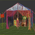 Ancient Style Tent With Red Curtains Decorated Top and Flags in Grass Field