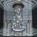 Hi Tech Blue Futuristic Space With Glowing Hexagonal Pillar And Robots 3d model