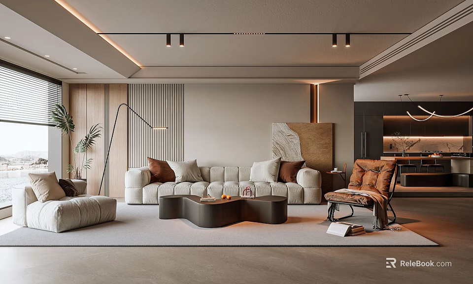 Modern Living Room Interior With Beige Sofa Brown Cushions Round Coffee Table Floor Lamp 3d model 