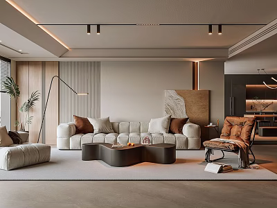 Modern Living Room Interior With Beige Sofa Brown Cushions Round Coffee Table Floor Lamp 3d model