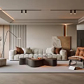 Modern Living Room Interior With Beige Sofa Brown Cushions Round Coffee Table Floor Lamp