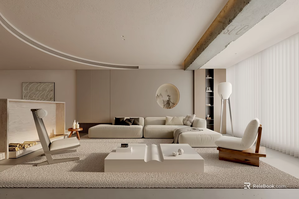 Modern Living Room Interior With Neutral Sofa Coffee Table Area Rug And Floor Lamp 3d model 