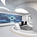 Modern Exhibition Hall Interior With Digital Screens Workstations And Ergonomic Chairs