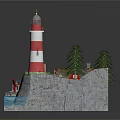 Cartoon Scene With Red And White Lighthouse Small Wooden Houses Pine Trees And Boat On Water