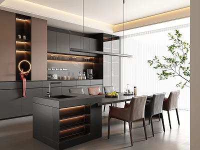 Modern Open Concept Kitchen With Island Counter Cabinets Dining Table And Hanging Lights 3d model