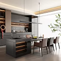 Modern Open Concept Kitchen With Island Counter Cabinets Dining Table And Hanging Lights