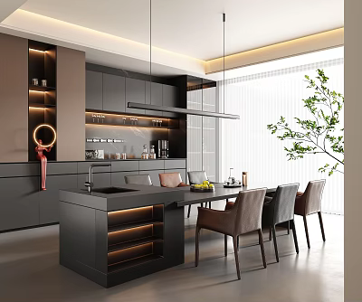 Modern Open Concept Kitchen With Island Counter Cabinets Dining Table And Hanging Lights 3d model