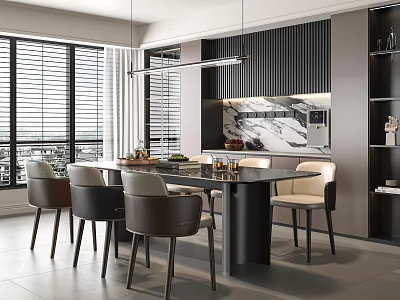 Modern Dining Room Interior With Dining Table Chairs Marble Backsplash And Pendant Lights 3d model