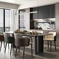 Modern Dining Room Interior With Dining Table Chairs Marble Backsplash And Pendant Lights
