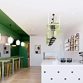 Modern Fresh Dessert Shop Interior With Hanging Lights Green Plants And Display Counter