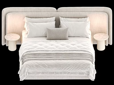 Double Bed Interior with Illuminated Headboard White Linen Pillows Striped Bedspread and Round Nightstands 3d model