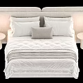 Double Bed Interior with Illuminated Headboard White Linen Pillows Striped Bedspread and Round Nightstands