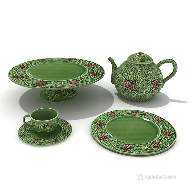 Green Ceramic Dinnerware Set With Red Floral Pattern Pedestal Platter Teapot Cup Saucer And Plate 3d model 