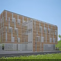 Modern Office Building with Glass Curtain Walls Wooden Panels and Geometric Windows Surrounded by Greenery
