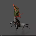 Game Movie Character Riding White Running Horse Holding Green And Orange Patterned Flag