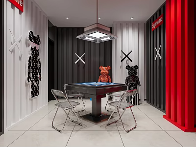 Modern Hotel Mahjong Room With Black Red Walls White Bears Metal Chairs And Pendant Light 3d model
