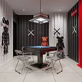 Modern Hotel Mahjong Room With Black Red Walls White Bears Metal Chairs And Pendant Light