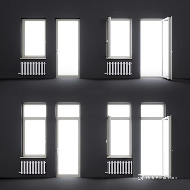 Modern Multiple Casement Windows With White Frames Partially Open On Gray Wall 3d model 