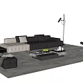 Modern Gray L Sofa and Coffee Table Set with Marble Top Footstool and Floor Lamp