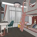 Kids Room Interior With Pink Frame Bunk Bed Ladder Desk Green Chair And Stuffed Toys