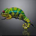 Vibrant Colorful Chameleon With Red Eye Perched on Branch in Dark Background and Reflection