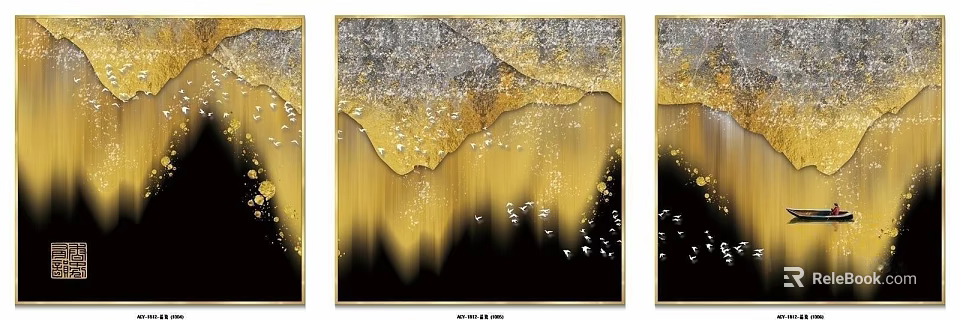 Abstract Wall Art Decor With Golden Silver Black Tones And Bird Patterns 3d model