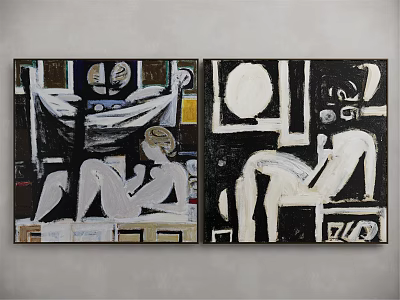 Two Abstract Wall Art Paintings with Black White Tones and Abstract Figures on White Background 3d model