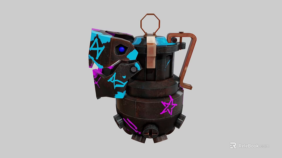 Rusty Mechanical Device With Purple Stars Blue Accents And Metallic Top Ring 3d model 