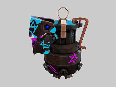Rusty Mechanical Device With Purple Stars Blue Accents And Metallic Top Ring 3d model