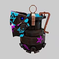 Rusty Mechanical Device With Purple Stars Blue Accents And Metallic Top Ring