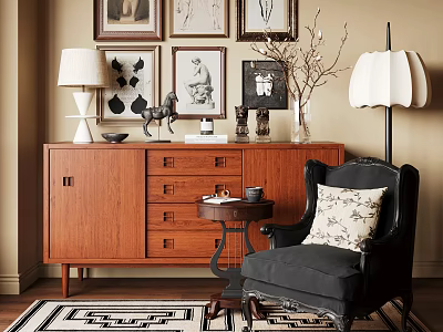 Wooden Console Cabinet With Drawers Armchair Framed Artwork And Rug In Entryway 3d model