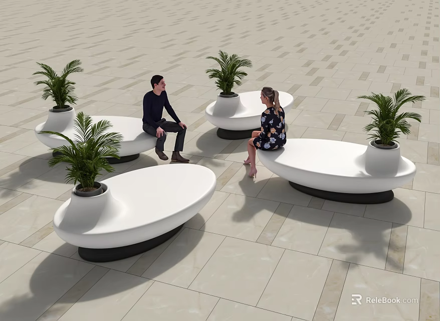 Modern White Curved Public Chairs With Green Potted Plants In Outdoor Plaza 3d model 