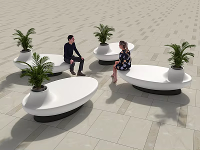 Modern White Curved Public Chairs With Green Potted Plants In Outdoor Plaza 3d model