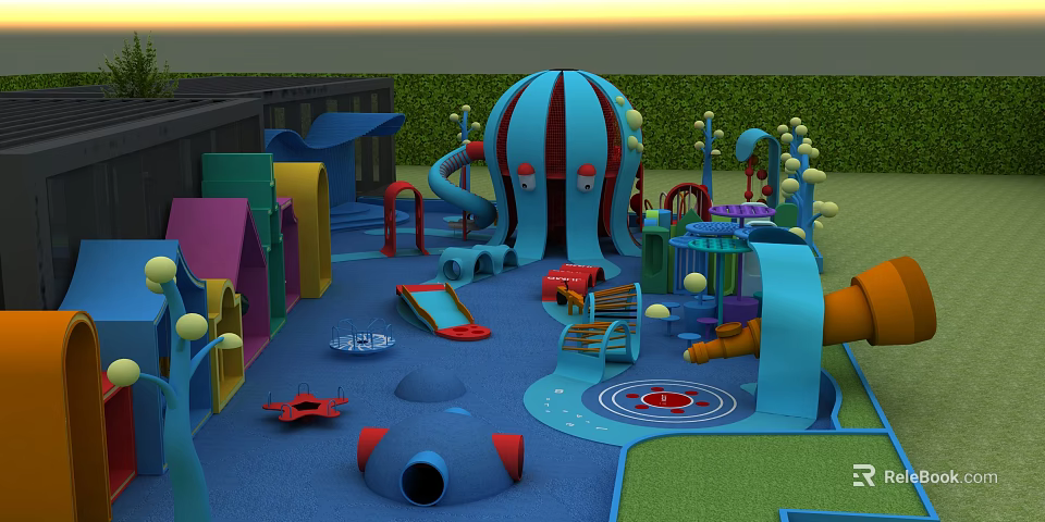 Colorful Kids Playground With Jellyfish Shaped Structures Slides Climbing Areas And Safe Flooring 3d model 