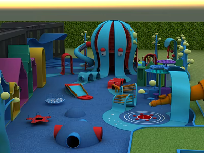 Colorful Kids Playground With Jellyfish Shaped Structures Slides Climbing Areas And Safe Flooring 3d model