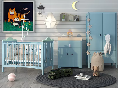 Blue Baby Crib In Nursery With Stars Moon Cloud Wall Art Cabinet And Toys 3d model