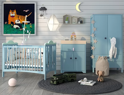 Blue Baby Crib In Nursery With Stars Moon Cloud Wall Art Cabinet And Toys 3d model